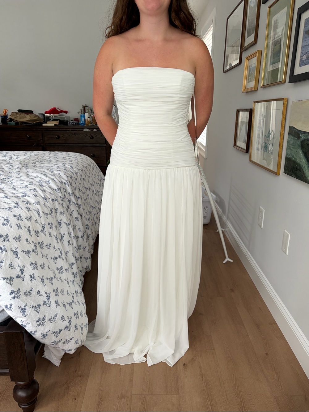 Strapless White Ruched Bodice Chiffon Maxi Dress